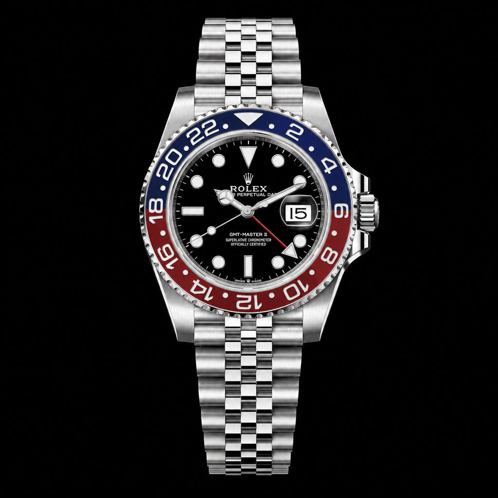 GMT con bisel rojo y azul — Acabado plateado