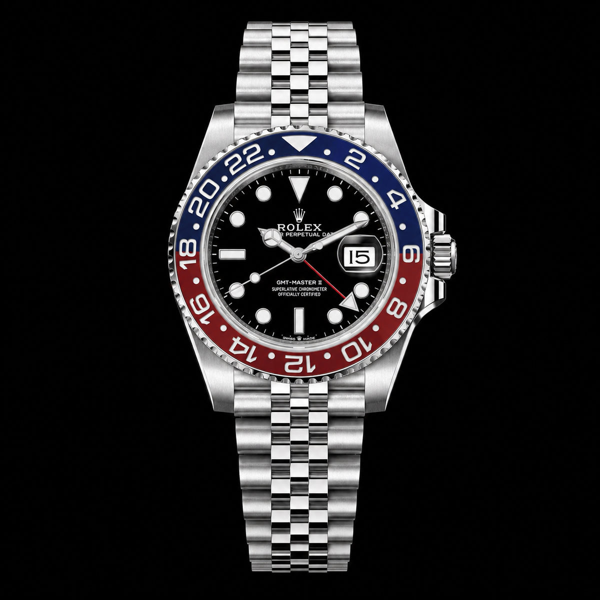 GMT con bisel rojo y azul — Acabado plateado