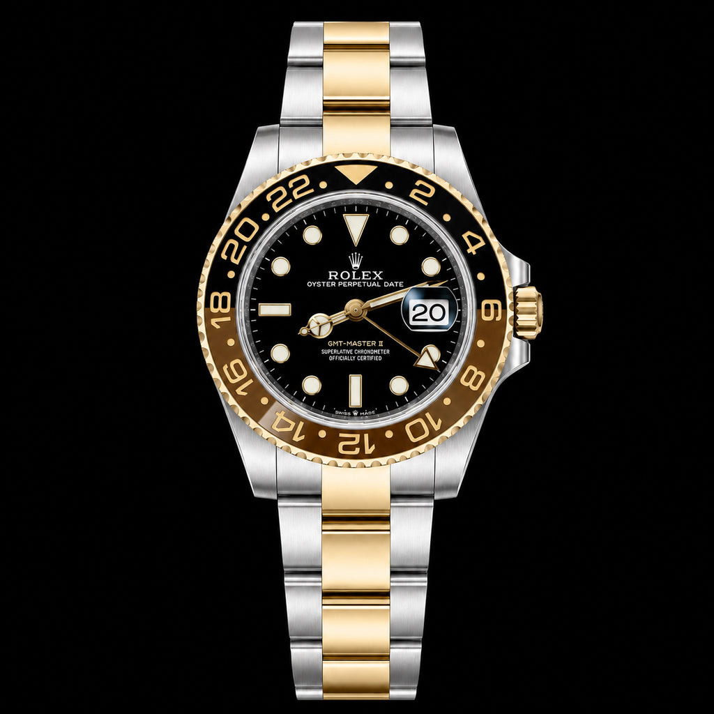 GMT bicolor — Bisel negro y marrón con detalles dorados