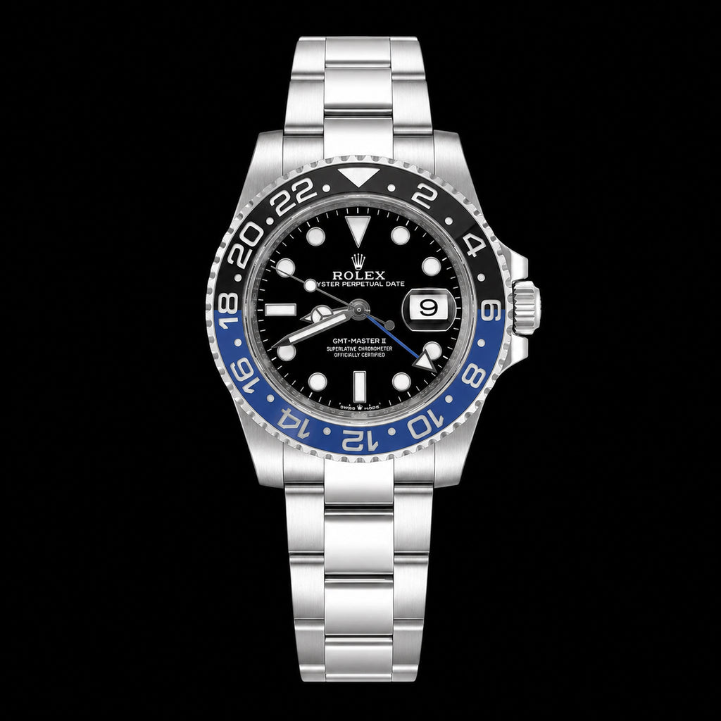 GMT con bisel azul y negro — Acabado plateado