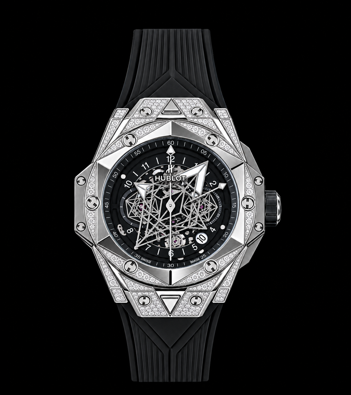 Reloj automático de lujo con esfera negra abierta.