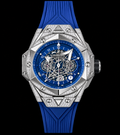 Reloj automático de lujo con esfera azul abierta.