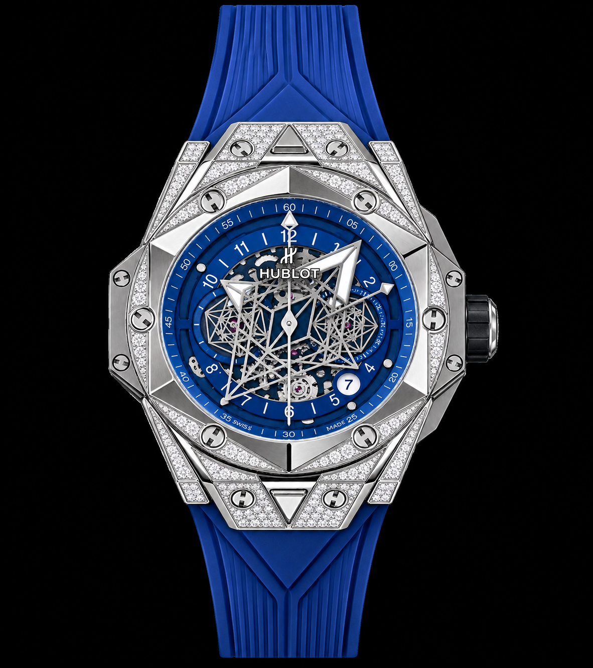 Reloj automático de lujo con esfera azul abierta.