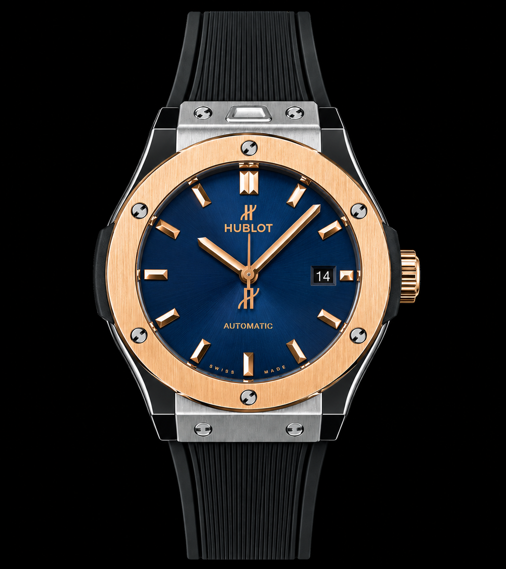 Reloj automático de lujo con esfera azul y detalles en color oro rosa