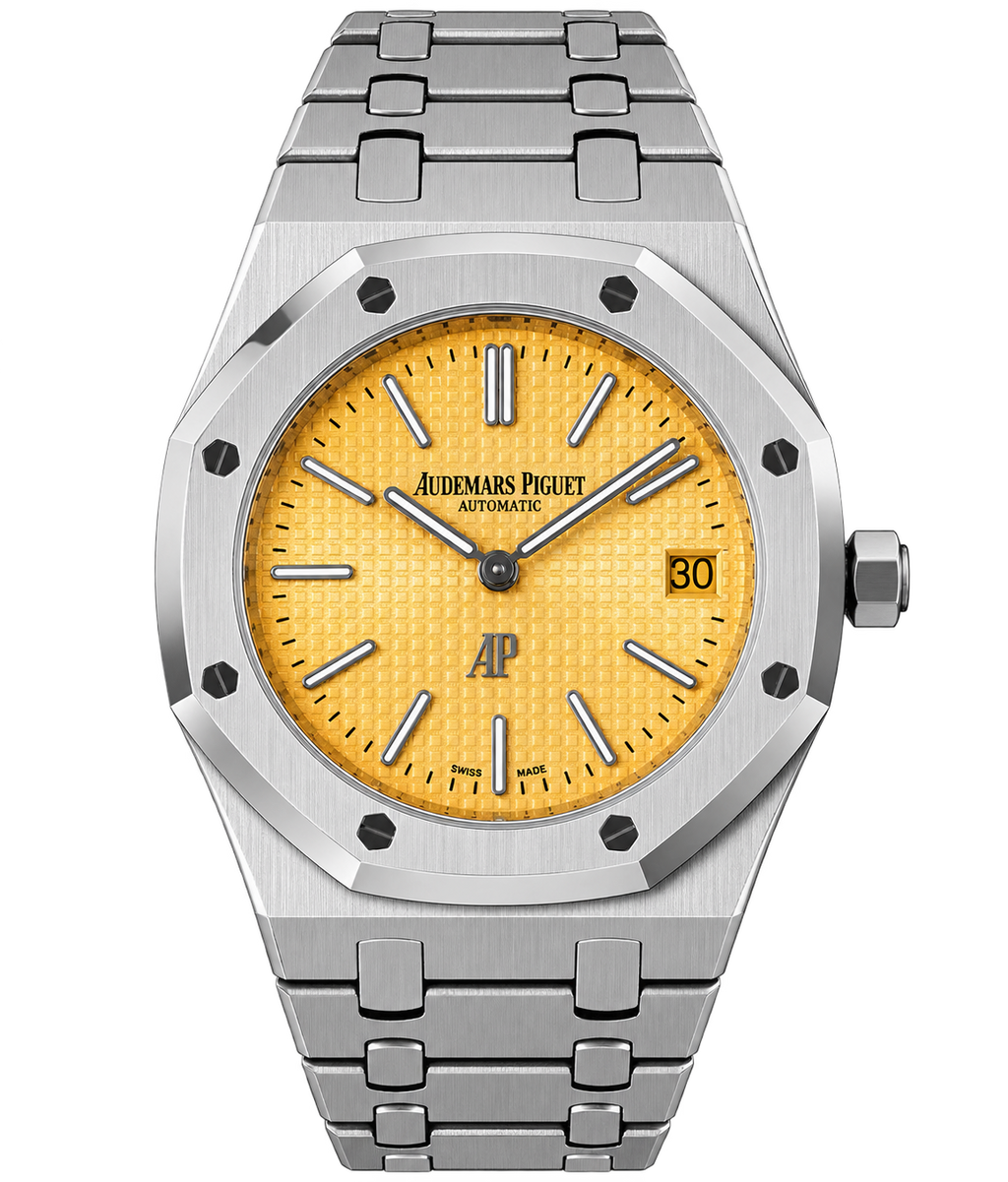 Reloj automático de lujo con esfera amarilla texturizada.