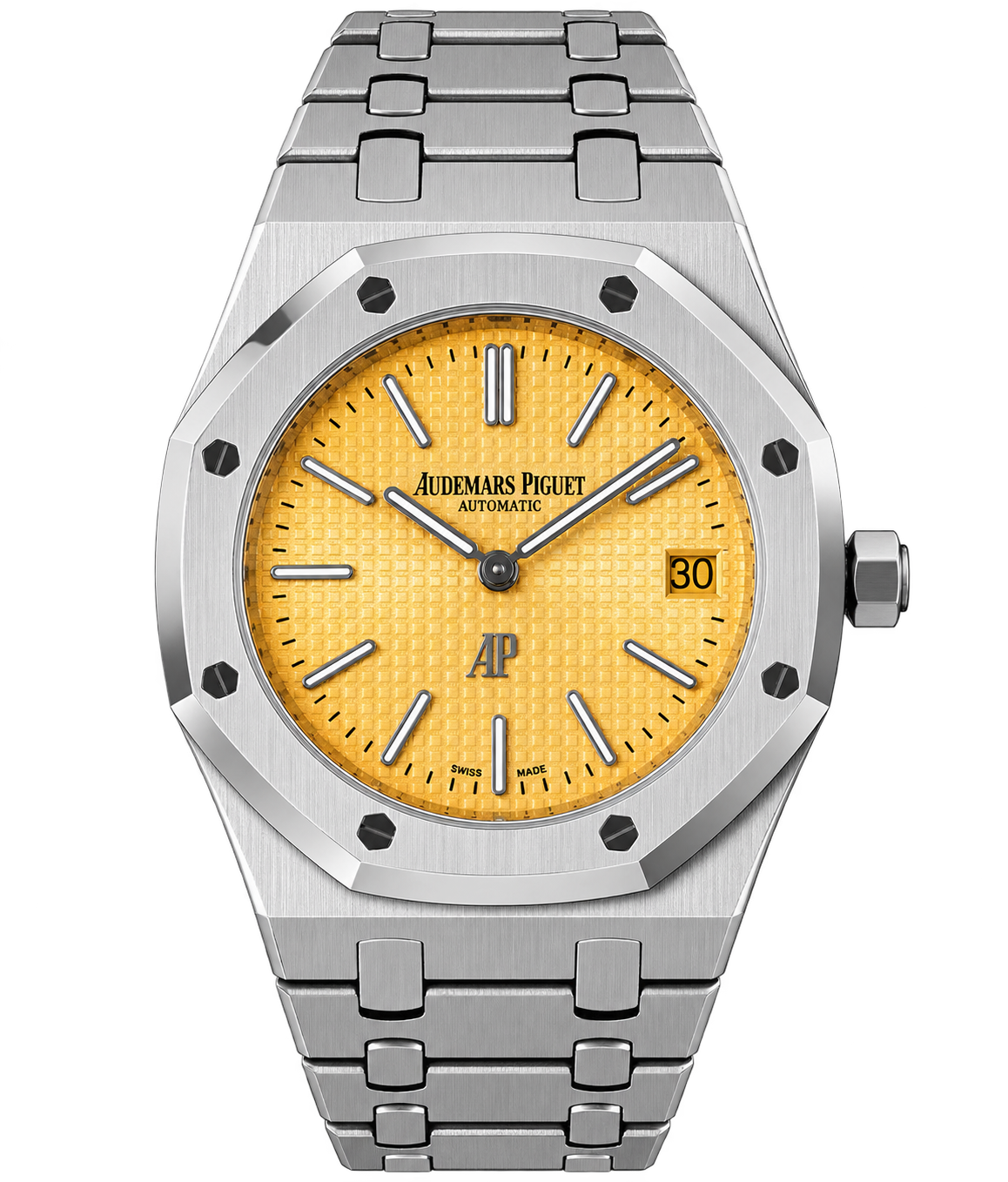 Reloj automático de lujo con esfera amarilla texturizada.