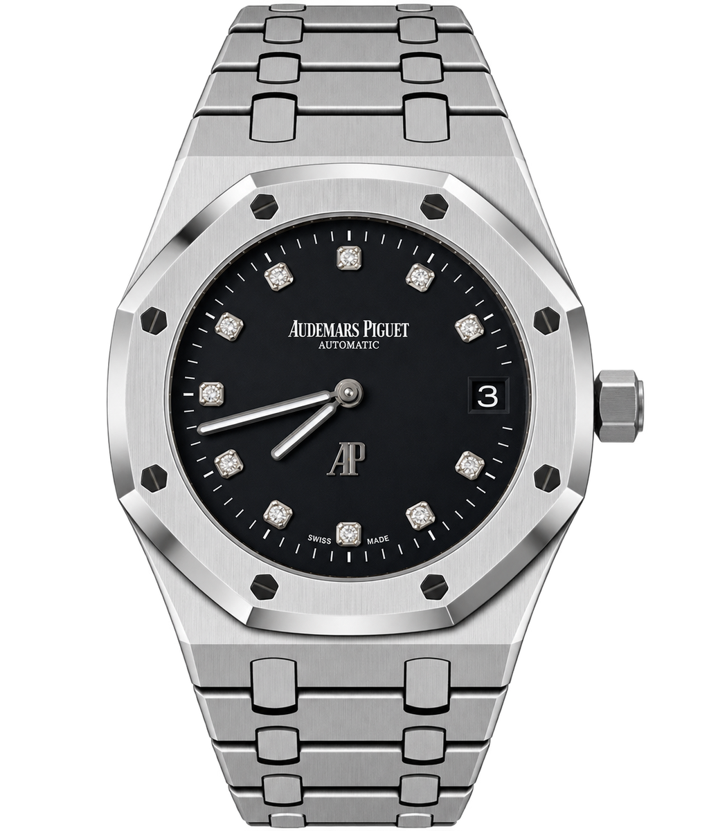 Reloj automático de lujo con esfera negra, índices de brillante