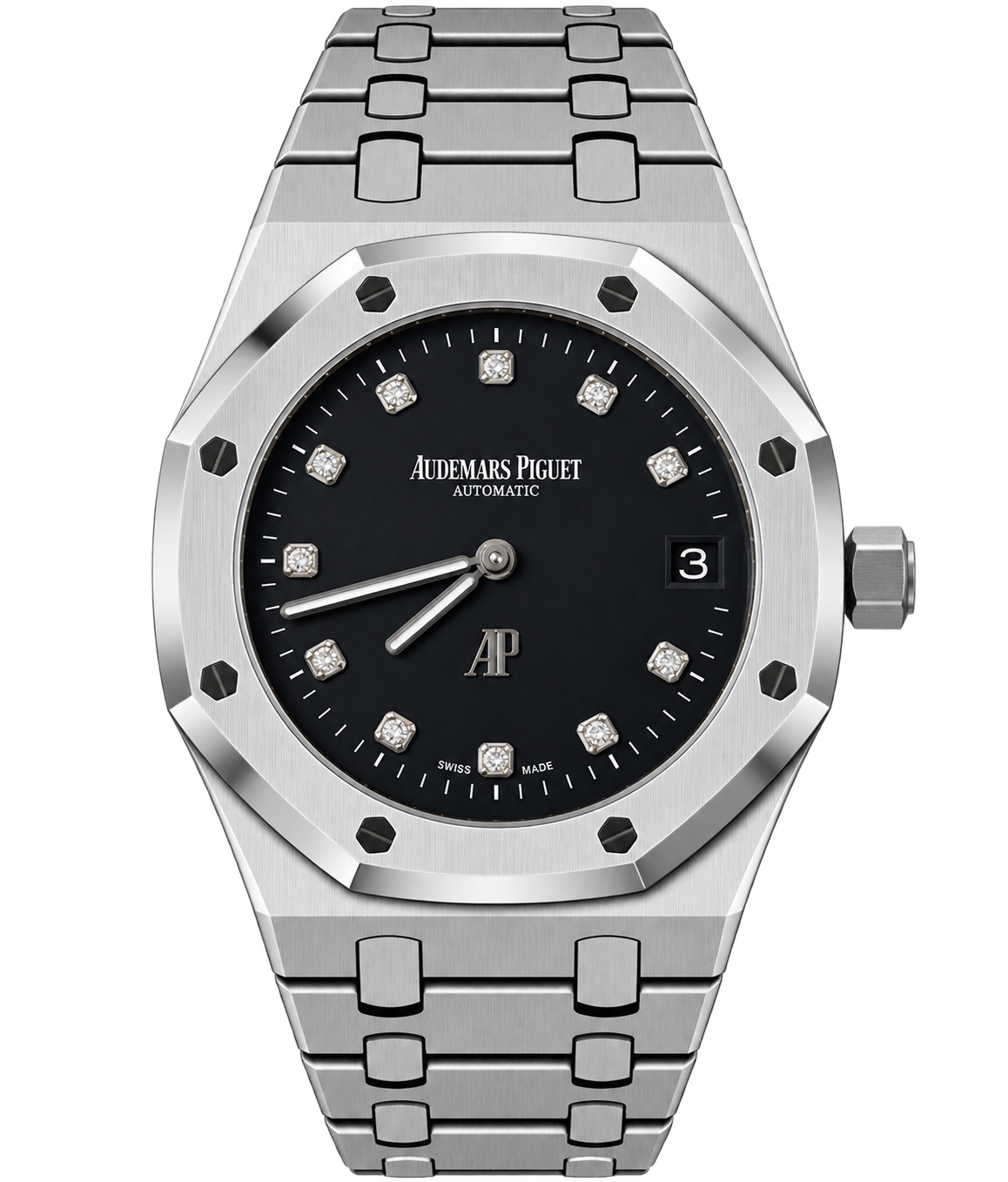 Reloj automático de lujo con esfera negra, índices de brillante