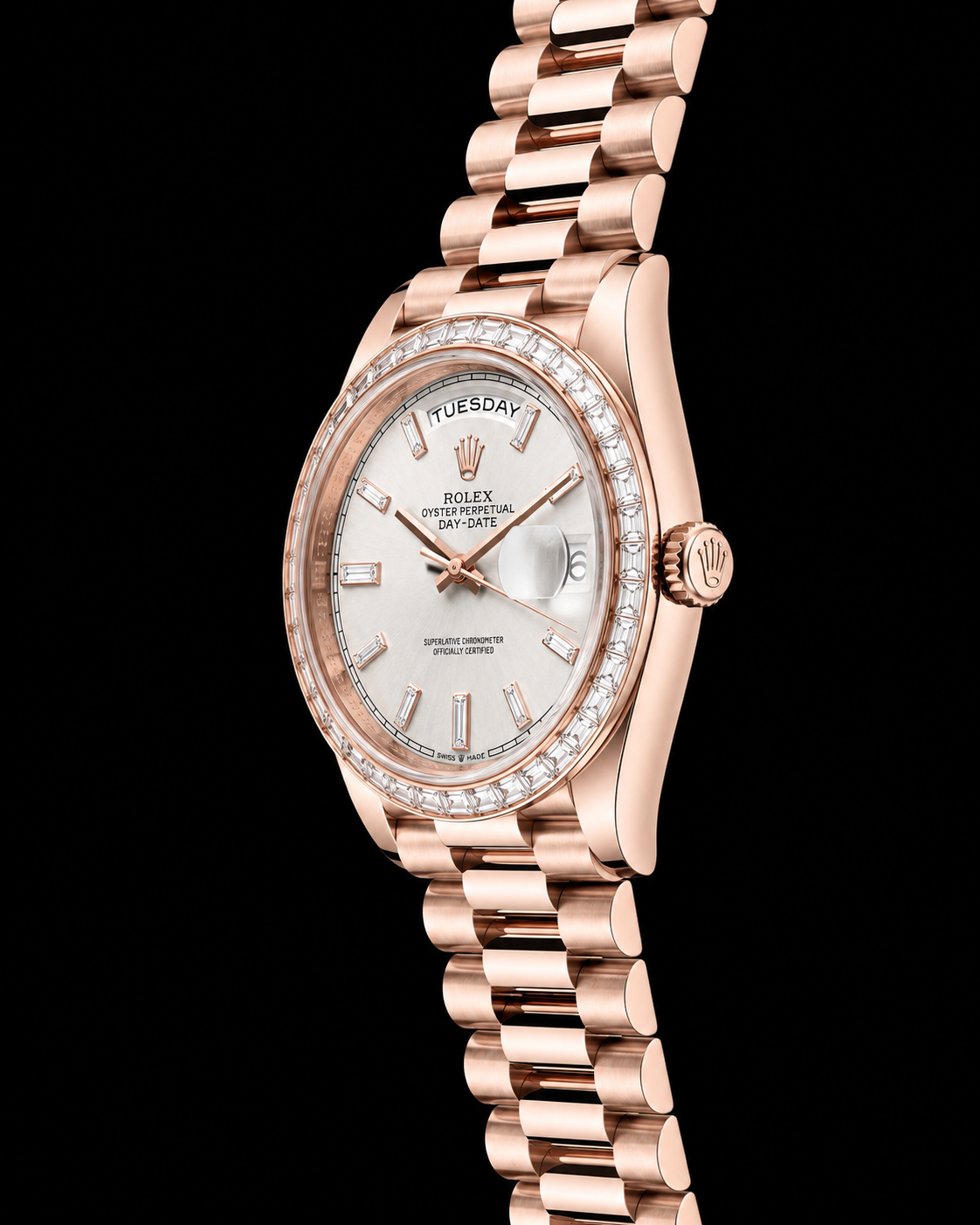 Day Date en color oro rosado con esfera blanca y detalles brillantes