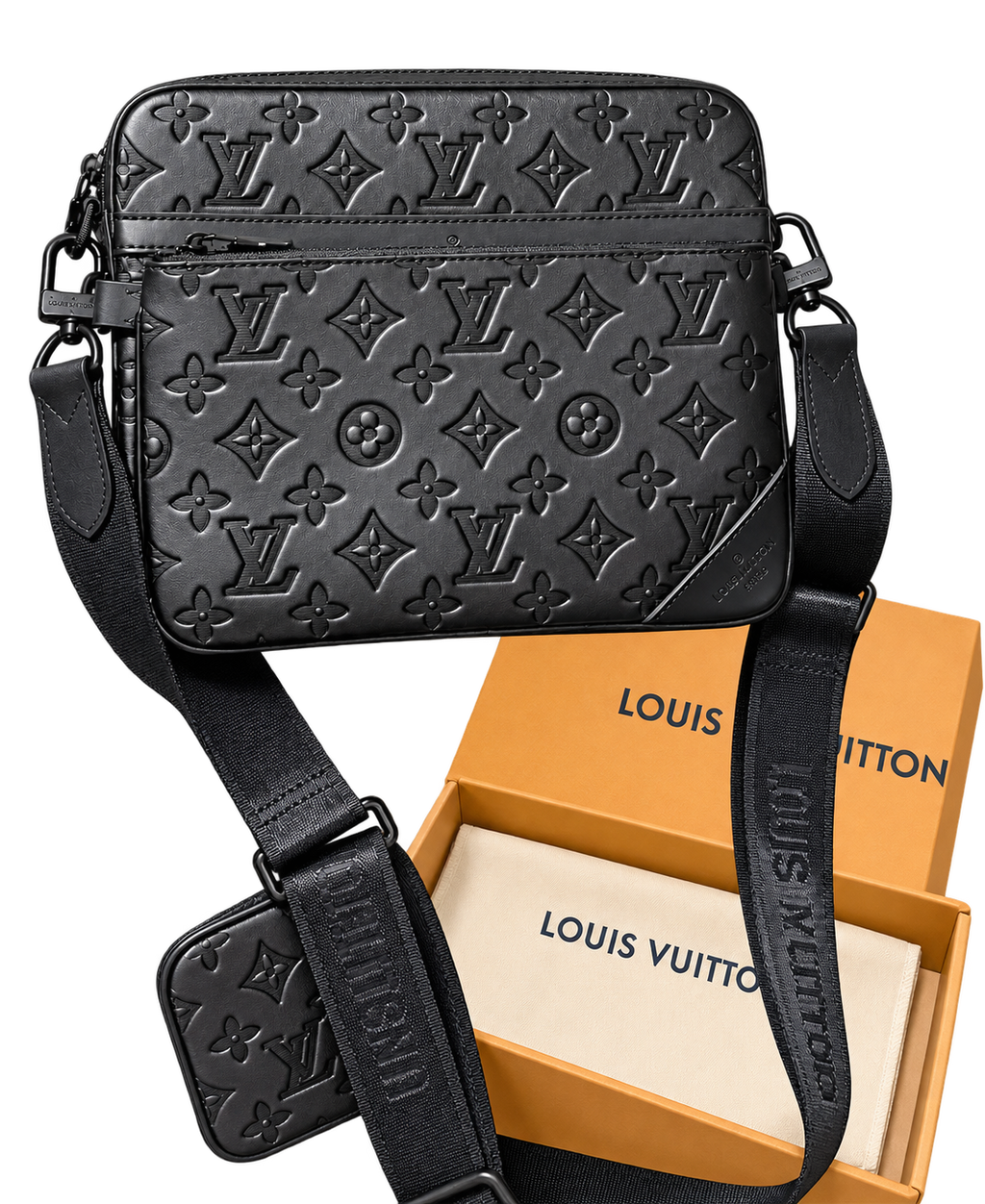 Bolso Crossbody Total Black con Monograma en Relieve — Set con Cartera