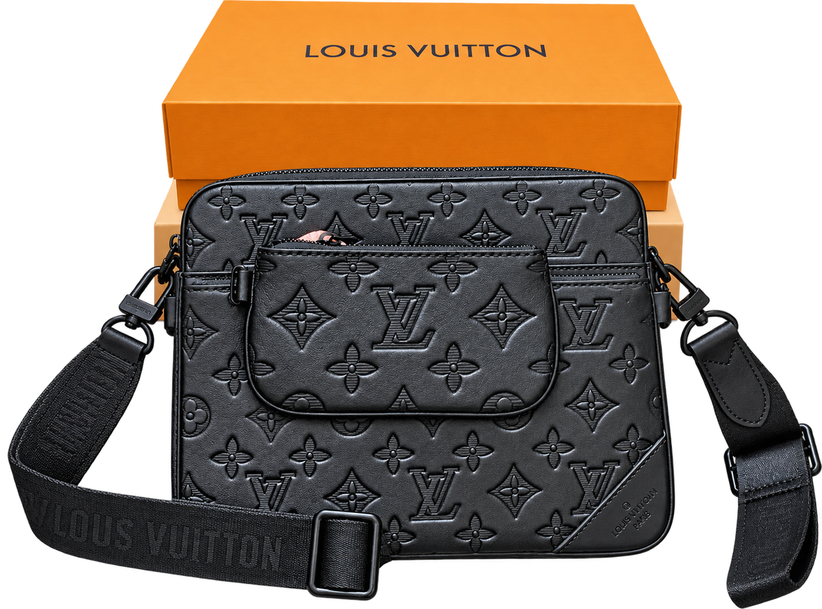 Bolso Crossbody Total Black con Monograma en Relieve — Set con Cartera