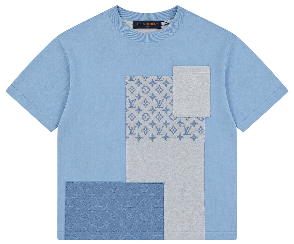 Camiseta Oversize Azul con Panel Patchwork Monograma — Calidad Premium