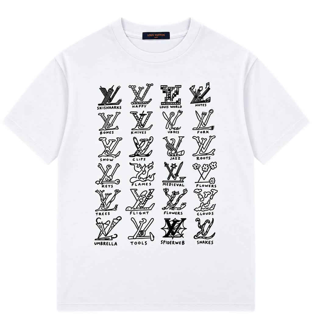 Camiseta Blanca con Print "Alfabeto de Íconos" — Calidad Premium