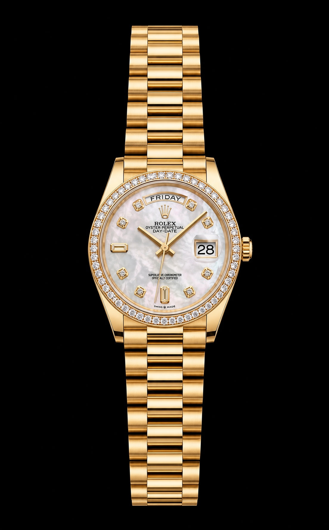 Day Date dorado con esfera efecto nácar y detalles brillantes