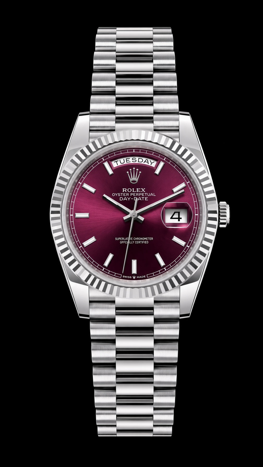 Day Date plateado con esfera burdeos