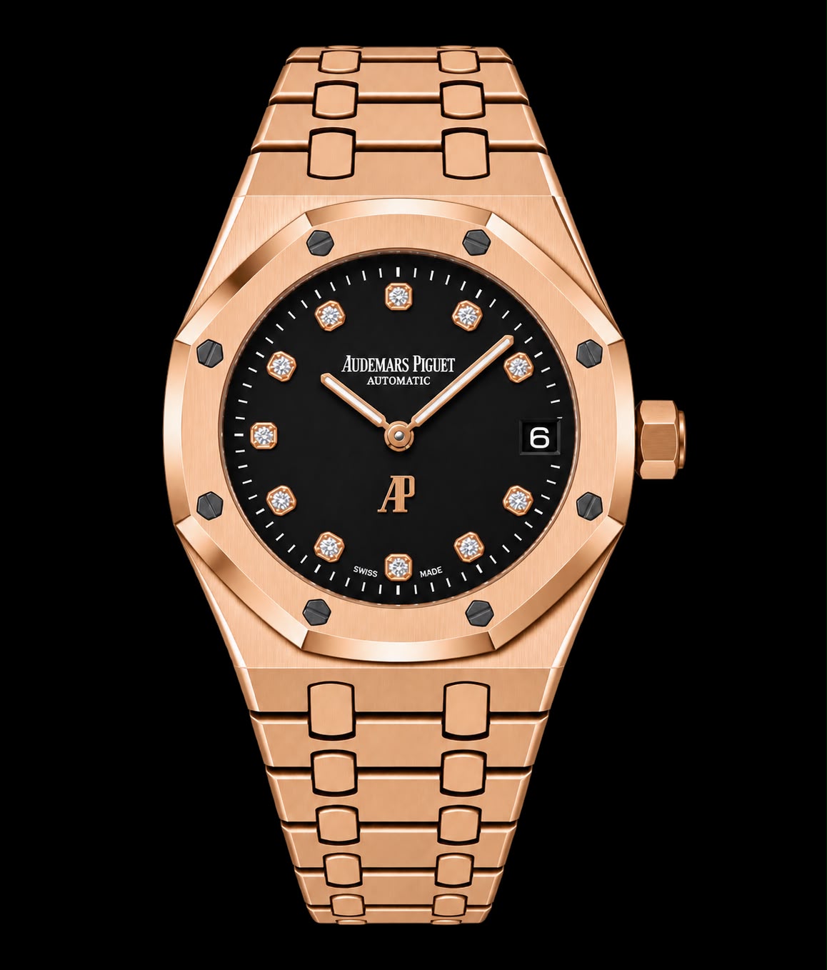 Reloj automático de lujo con esfera negra, índices de brillante